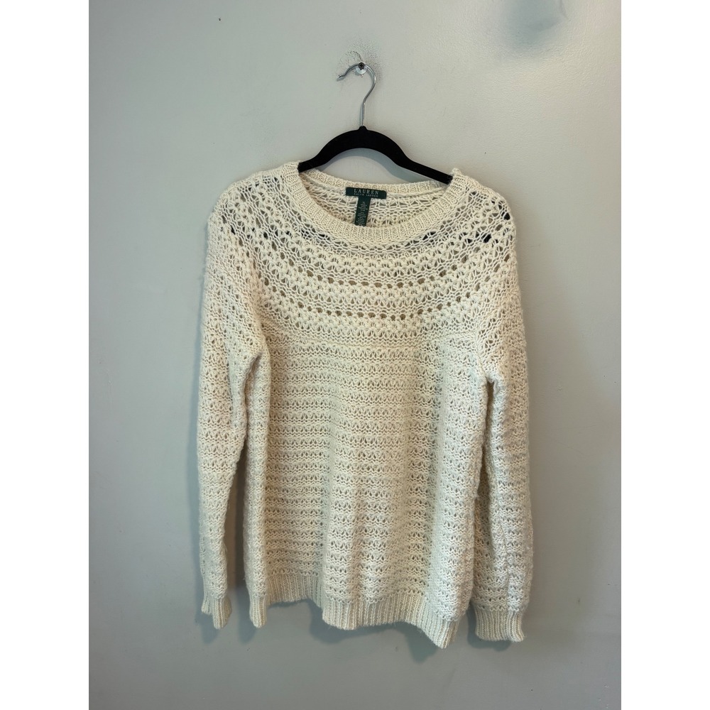 Lauren Ralph Lauren Ivory Open Knit Alpaca Wool Blend Sweater XL Cream Crochet